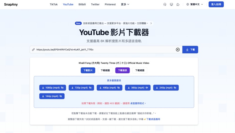 SnapAny YouTube 下載線上網址